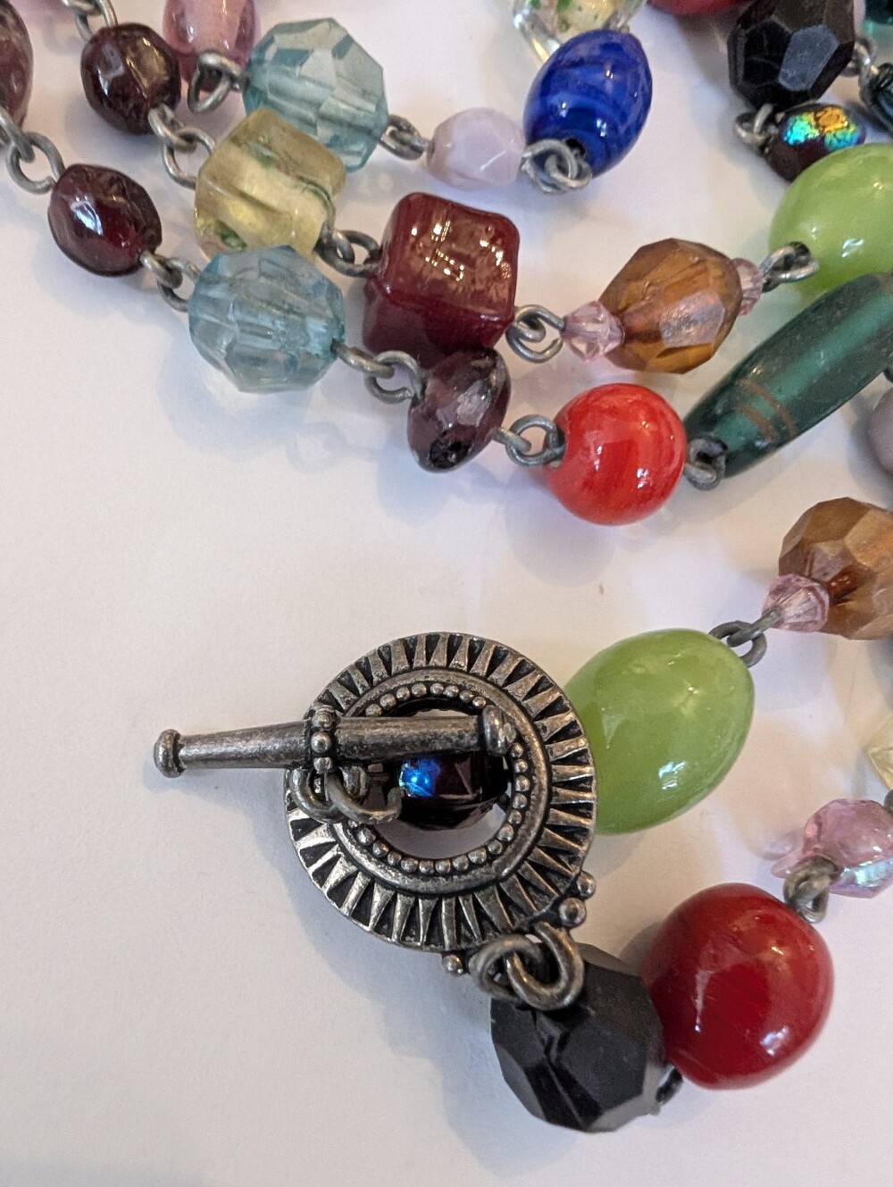 Vintage multi-colored art glass station link necklace eclectic mixed bead boho